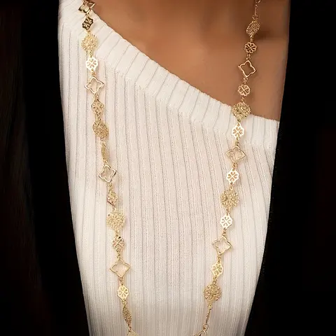 Women's Fashion Long Chain Necklace, Daily Wear Dainty Necklace, Hollow Snowflake Geometric Design, Simple Versatile Vintage Style, Perfect for Sweaters & High Neck Clothes, Dainty Boho Necklace, Elegant Necklace, Versatile Accessory, Chains Necklace