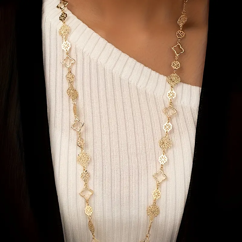 Women's Fashion Long Chain Necklace, Daily Wear Dainty Necklace, Hollow Snowflake Geometric Design, Simple Versatile Vintage Style, Perfect for Sweaters & High Neck Clothes, Dainty Boho Necklace, Elegant Necklace, Versatile Accessory, Chains Necklace