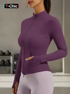 Women's Fitted Long Sleeve Lightweight Sports Jacket, Full Zipper Design, Ergonomic Cut, Dual Pockets, Waist Shaping, Sporty Style, All Seasons, Yoga Jacket Top