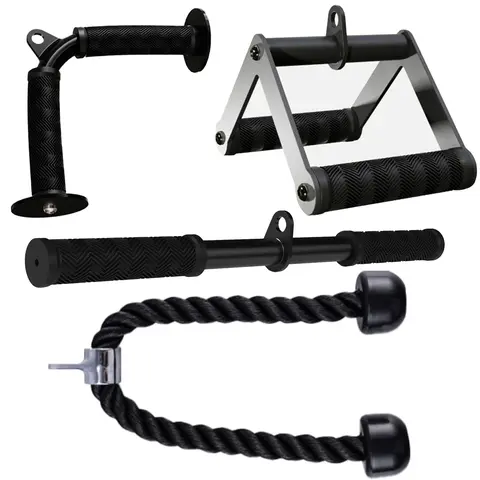 Fitarc Unisex 4-Piece Lat Pulldown Attachments Set, Matte Black Stainless Steel Cable Training Gear with Tricep Rope, Rubber Non-Slip Grips, Versatile Compatibility for Home Gym Workouts, 3-Year Secure-Hold Equipment