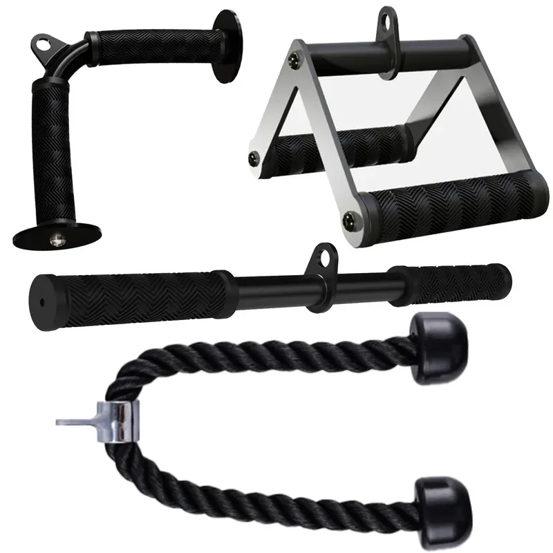 Fitarc Unisex 4-Piece Lat Pulldown Attachments Set, Matte Black Stainless Steel Cable Training Gear with Tricep Rope, Rubber Non-Slip Grips, Versatile Compatibility for Home Gym Workouts, 3-Year Secure-Hold Equipment