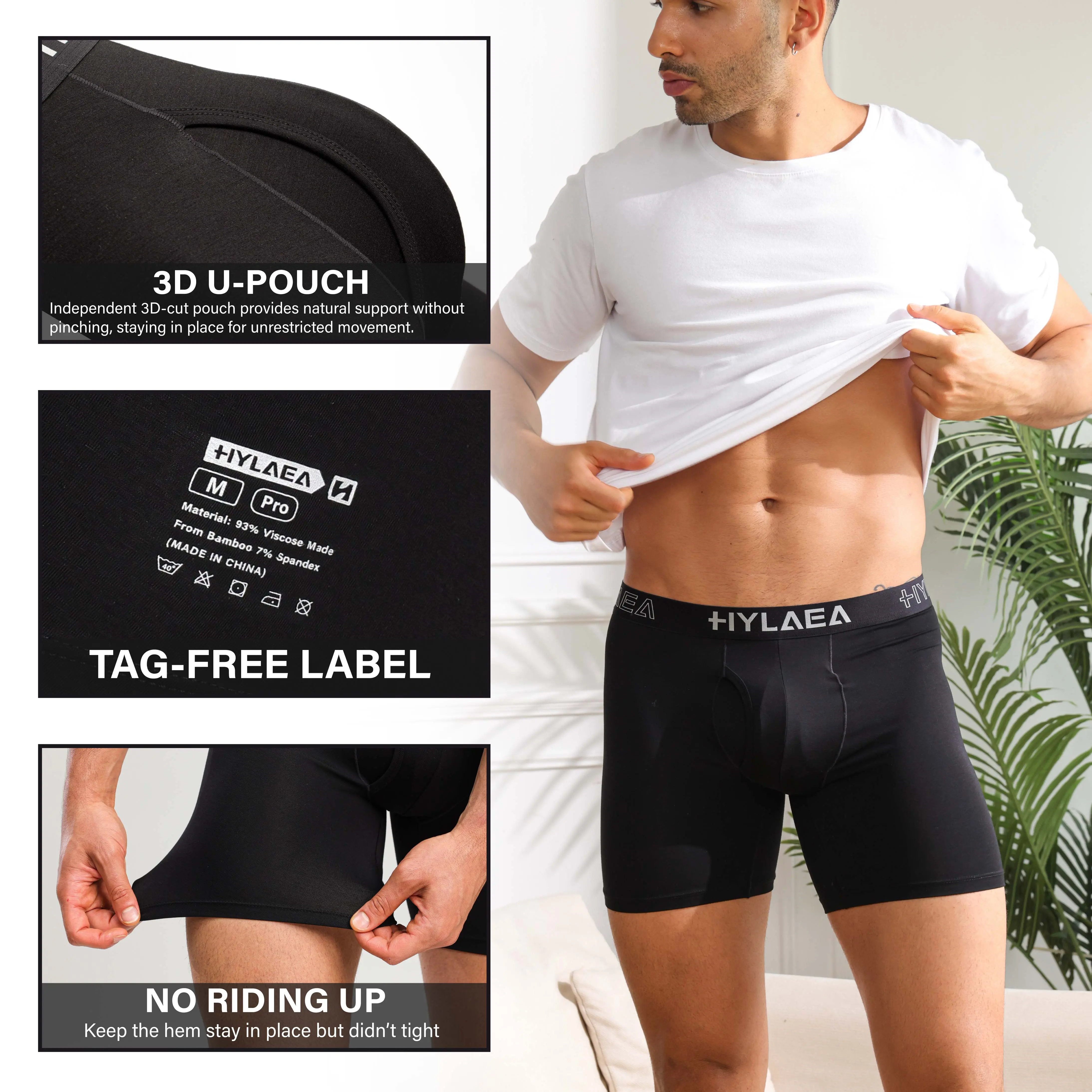 HYLAEA Anti-Chafing Bamboo Fiber Boxer Briefs – Mens Long-Leg, Quick-Dry, Soft, Perfect for Daily Use