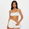 Women's 2025 Plain Retro Solid Satin Frill Trim Cami Crop Top & Shorts 2-Piece Set - Slim, Elegant, Beach-Day Chic Party Outfit for Summer Beach Vacation, Evening Events
