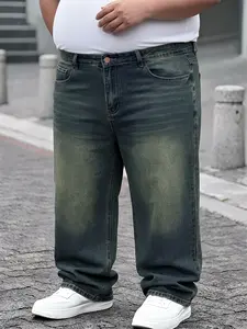 Men's Plus Size Vintage Washed Wide Leg Denim Jeans, Oversized Casual High Waist Straight Leg Pants, Perfect Gift for Tall Men