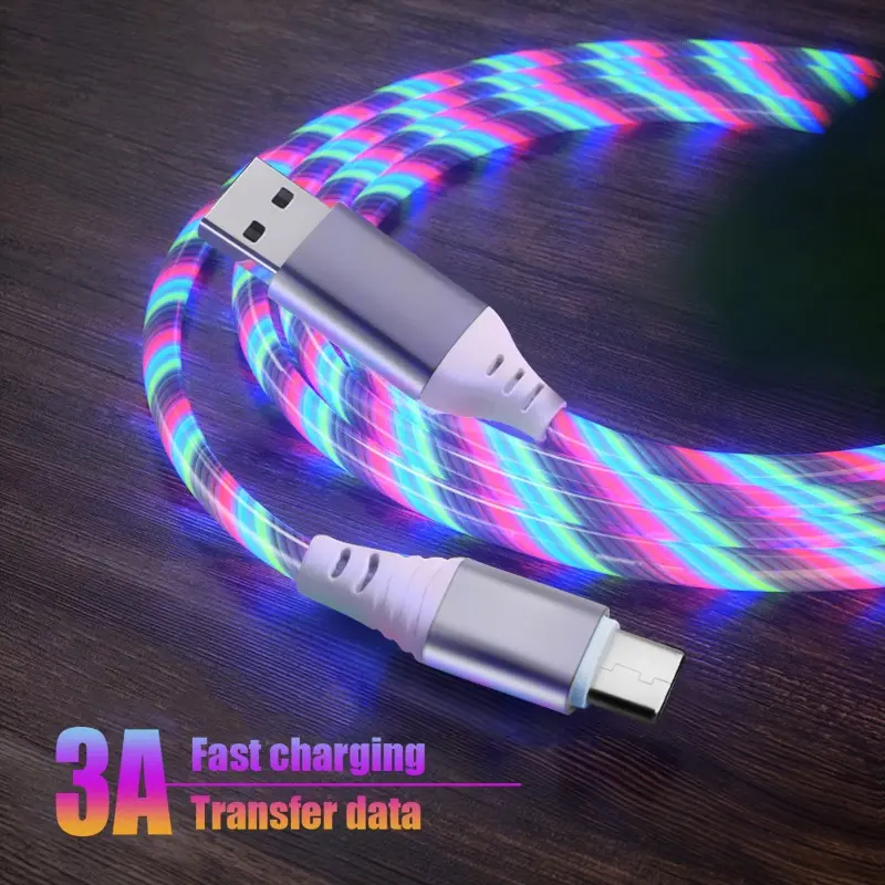 3a USB C Type C Wired Fast Charging Phone Data Line, LED Light Flowing Glowing Charge Cable, Compatible with Cars, High-Speed Charging