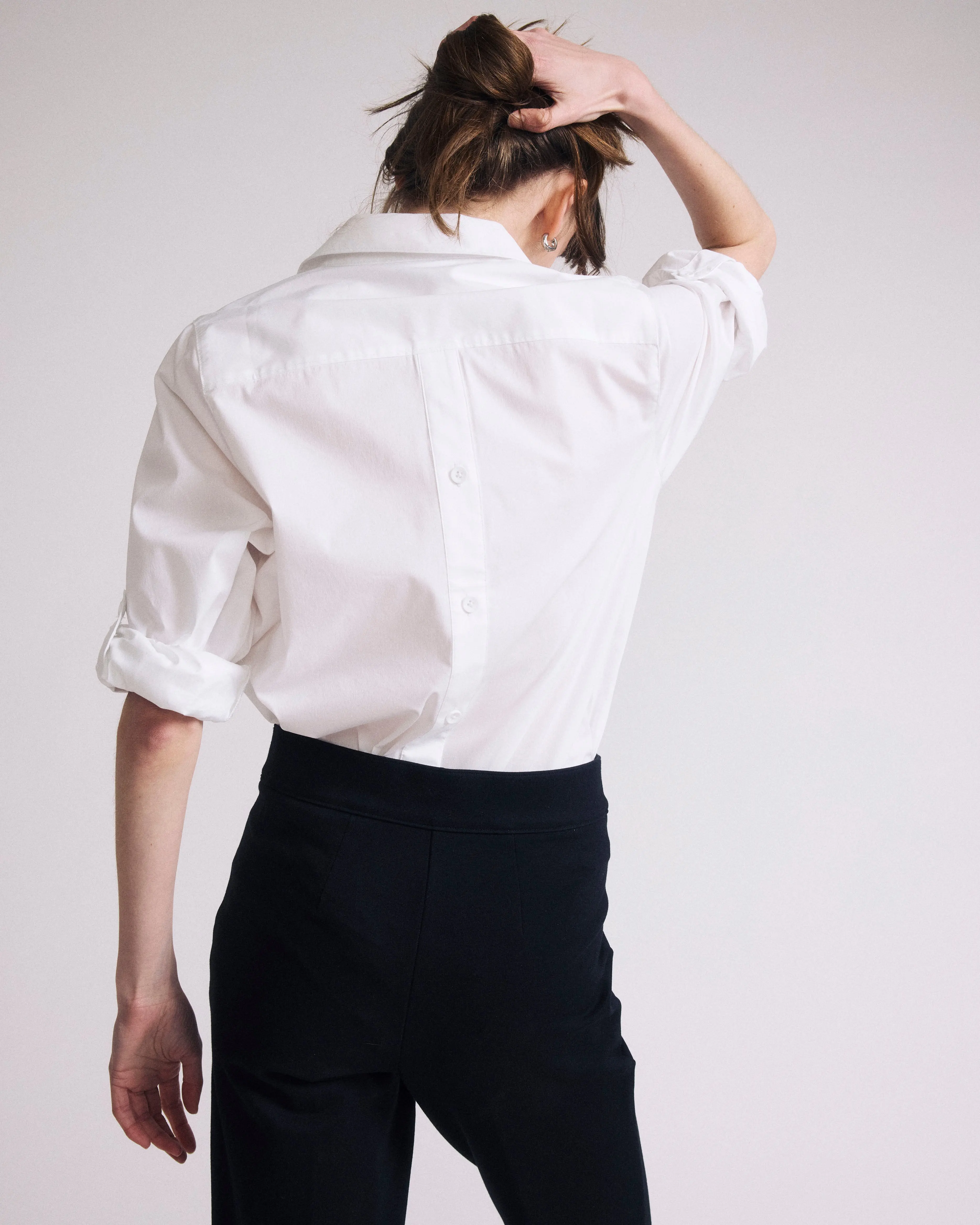 Women's Casual Polo Style Blouse in Stretch Cotton Poplin with Roll-Tab Sleeves and a Button-Back Detail, Tops, Skimming Fit, Generous Cut Sleeve