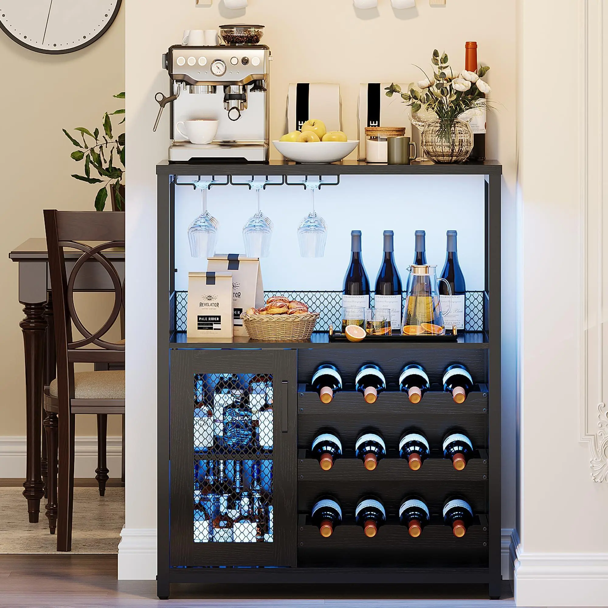 Wine Bar Rack Cabinet with LED Light, Coffee Bar Cabinet, Metal Wood Sideboard Buffet with Removable Wine Rack & Glass Holder, Freestanding Buffet Cupboard Organizer for Home Dining Kitchen,Black