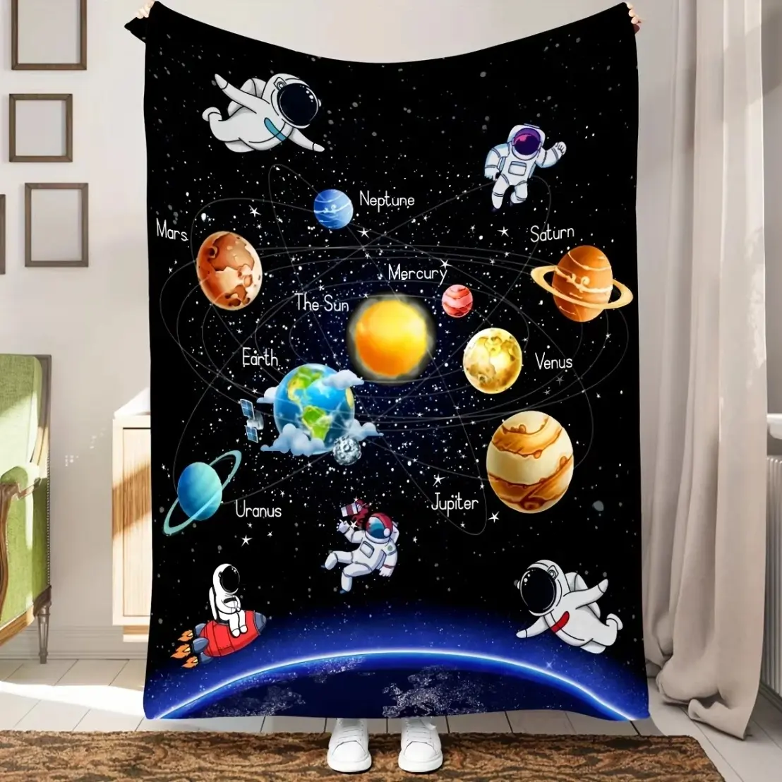 Astronaut Planet Print Blanket Warm Comfortable Flannel Blanket For Sofa Bed Couch Office Multi-purpose Blankets Gift All Season  Skin-friendly and lightweight
