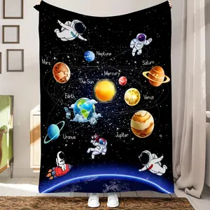 Astronaut Planet Print Blanket Warm Comfortable Flannel Blanket For Sofa Bed Couch Office Multi-purpose Blankets Gift All Season  Skin-friendly and lightweight