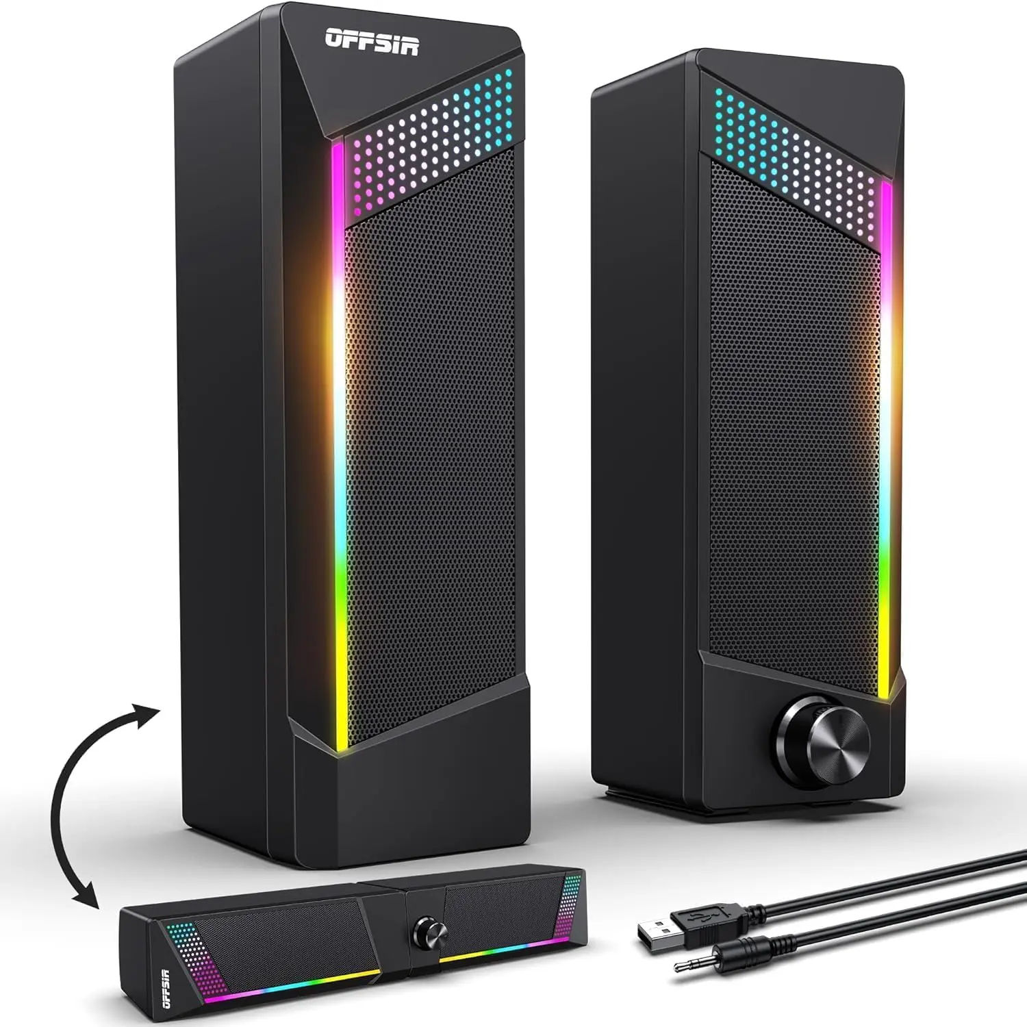 2-in-1 Sturdy RGB Compact Computer Gaming Speakers, Touch-Sensitive Lighting, USB Power, 3.5mm Aux Input, Bass Boost, 2-Piece Stereo Pairing Speaker Box Set (No Soundbar) for Laptops, Desktops