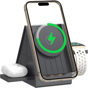 3-in-1 Wireless Charging Station for Apple Devices with Touch Night Light, 15W Fast Charger Stand for iPhone iWatch AirPods (Grey)