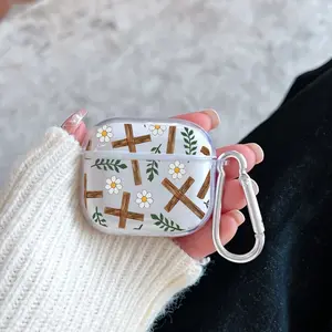 Crosses and Daisies Pattern TPU Soft Protective Case for Apple AirPods 4/3/2/1/Pro/Pro2 Transparent Earphone Cover with Keychain Attachment