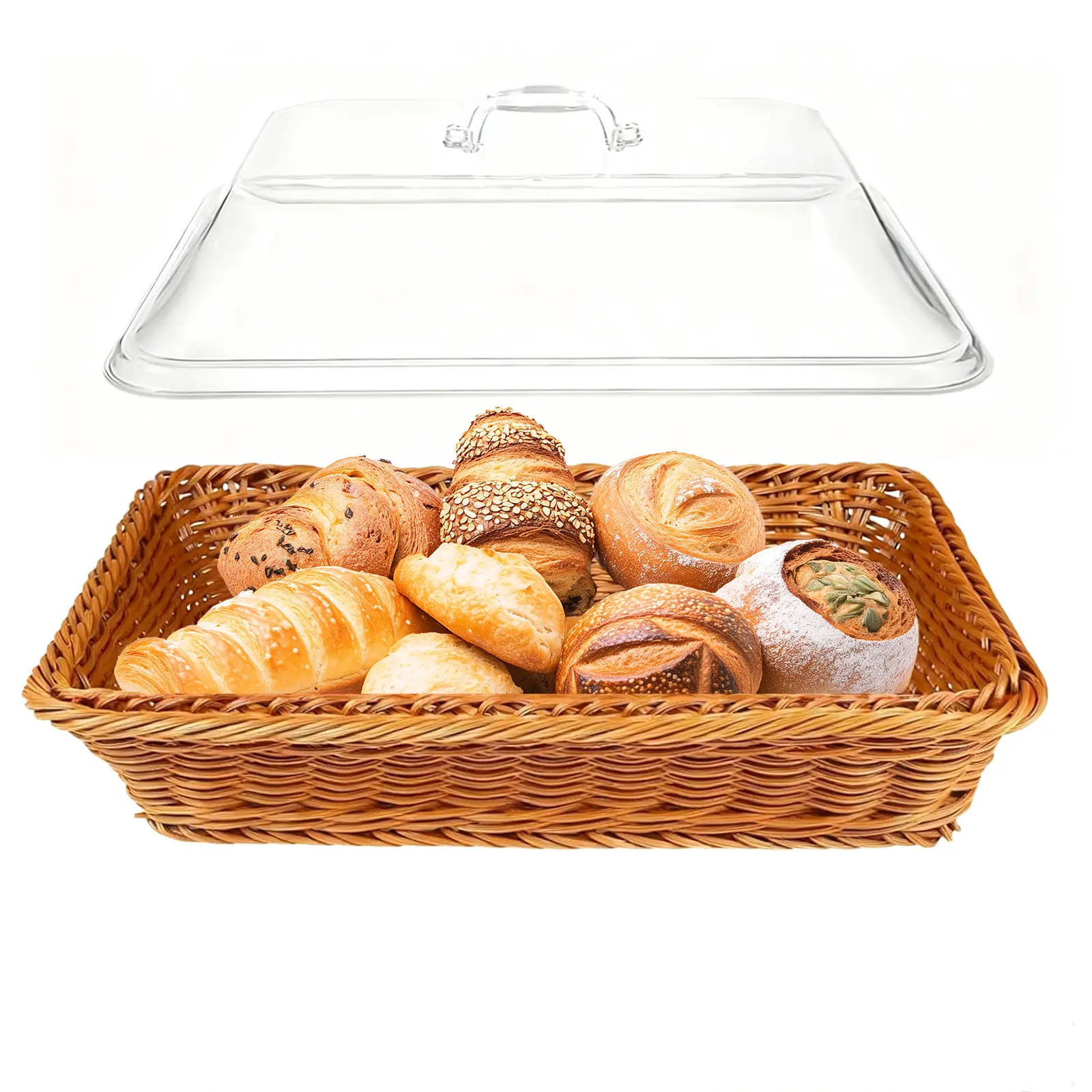 1Pc Dustproof Plastic Imitation Rattan Bread Basket with Transparent Acrylic Food Cover - Clear-Lid Convenience, 13.78"d x 9.65"w x 2.8"h Rectangular Sturdy Rustic Wicker-Style Container for Dining Table, Cafes, Office, Picnics, Kitchen Utensils