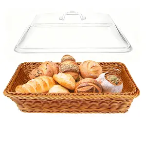 Large Size Dustproof Plastic Imitation Rattan Bread Basket, 1Pc 13.8in x 9.8in Rectangular Sturdy Rustic Wicker-Style Container with Transparent Acrylic Lid, Kitchen Dining Tabletop Serving Holder