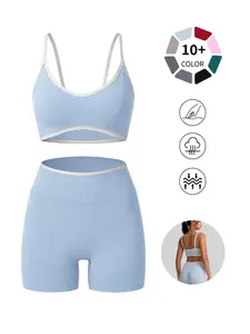 Contrast Trim Cami Yoga Set - 10+ Colors, 2-Piece Workout Outfit with Scoop Neck Top & High Waist Booty Shorts, Tummy Control, Buttery Soft & Squat-Proof for Gym, Yoga & Casual Wear
