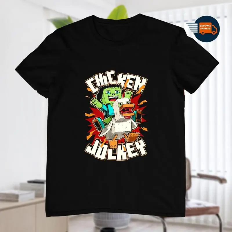 Youth Chicken Jockey T-Shirt – Funny Minecraft-Inspired Tee for Boy Girl, Full Color, Gift for Young Game Lovers, Quirky Heavy Cotton Shirt