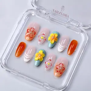 NailFlora Amber Blossom – Handmade Floral Press-On Nails | Reusable Salon-Quality 3D Nail Set