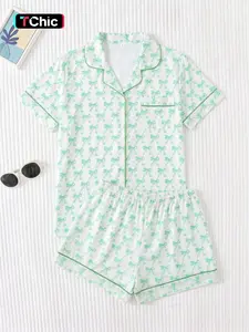 Women's Two-Piece Bow Full-Print Sleepwear Pajamas, Soft Breathable Fabric, Comfortable Loose Fit Short Sleeve Top and Shorts Set