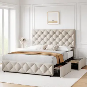GARVEE Queen Size Bed Frame with 4 Storage Drawers, Linen Upholstered Platform Bed Frame with Adjustable Headboard, Diamond Stitched Button Tufted, No Box Spring Needed, Off White