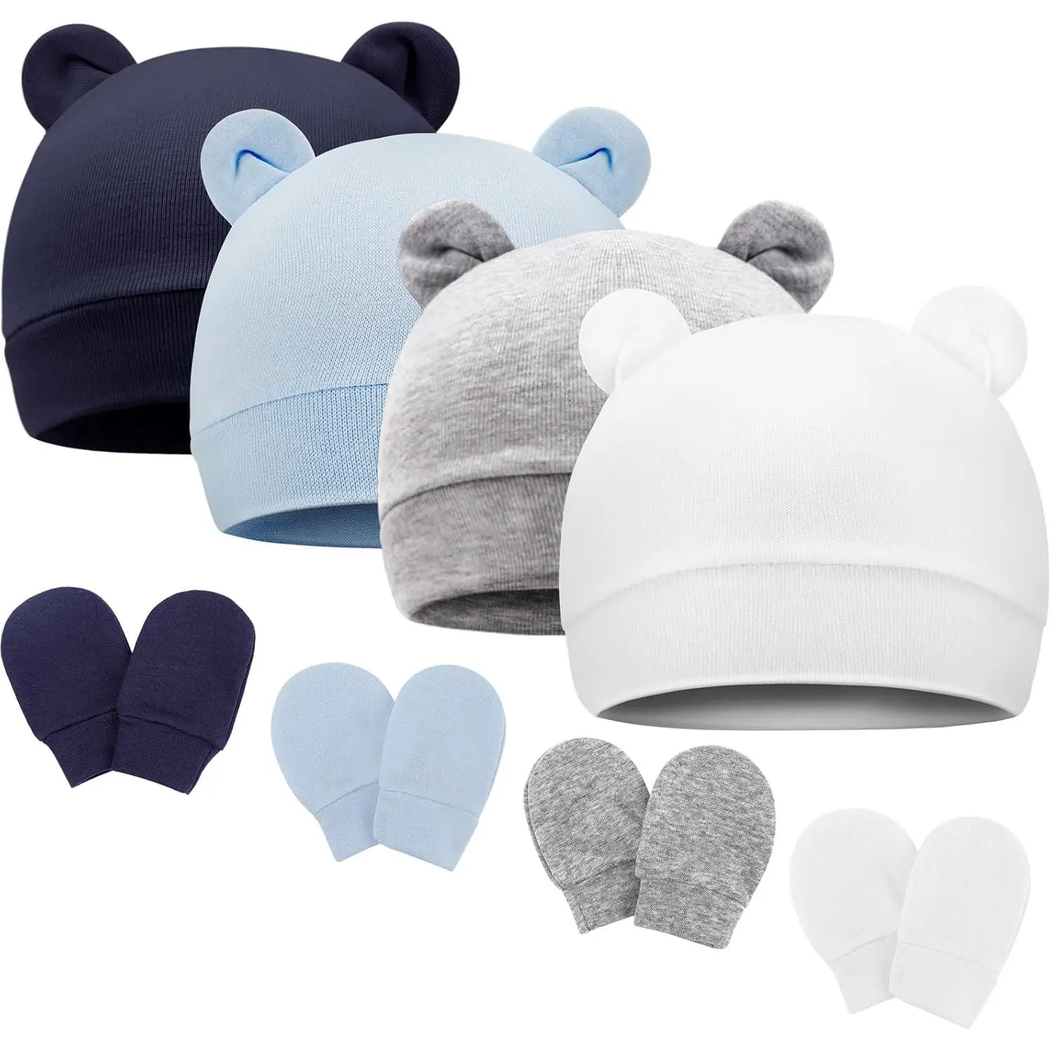 L-KCP004 Organic Cotton All-Season Animal Theme Bear Ears Beanie Hat & Mittens Set - Scratch-Resistant, Elastic Stretch Preemie Newborn Hospital Accessory for Infants, Newborns On Birthday, Unisex Names, Boy, Girl, Baby's Birthday Party, Solid Colors, Scr