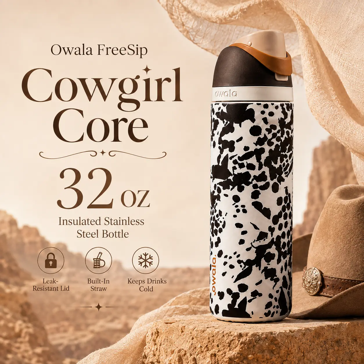 Owala FreeSip Cowgirl Core 32 oz Insulated Stainless Steel Water Bottle with Built-In Straw, Cow Print Design
