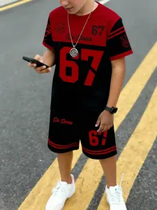 2pcs Set Tween Boys' Gradient Yellow White Black Running Athlete Graphic Print Round Neck Short Sleeve T-Shirt And Shorts Set, Casual Fashionable Style, Funny Pattern, Summer Outdoor Sports Outfi Sports Tee Set