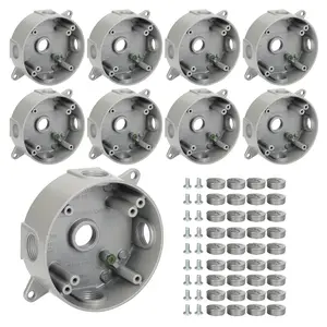Round Outdoor Electrical Box,Five 0.5” Hole Round Junction Box,Aluminum Construction Outdoor Outlet Box,CUL Listed for Home Improvement,Gray Waterproof Outlet Box(9 Pack)