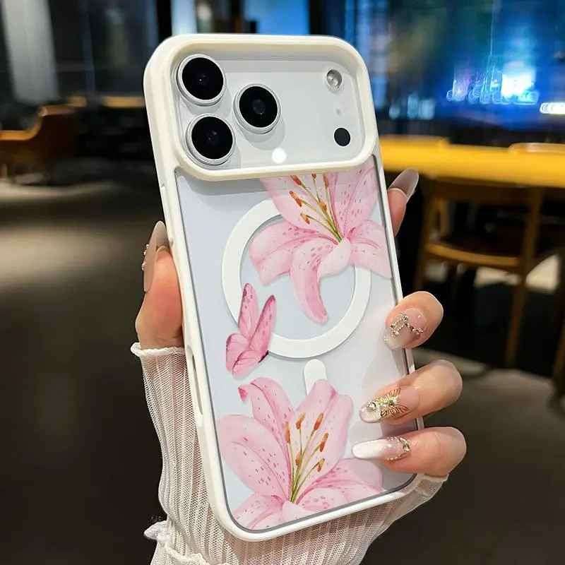 Magnetic Case for iPhone 17 Pro Max Air Promax Pink Lily Reverie Pattern Hard Acrylic Back Soft TPU Edge Four Corners Bumper Shockproof Cover Shell Gift for Girl