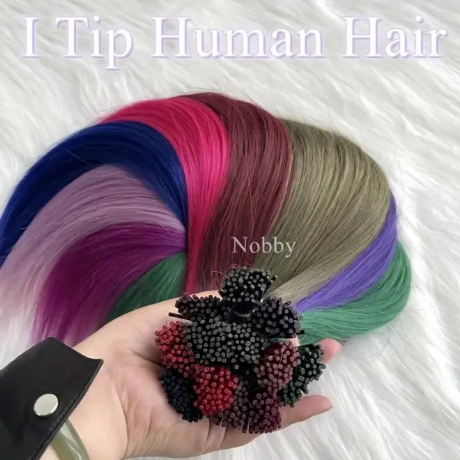 Colorful Hair Extensions, Straight Real Human I-Tip Hair Weave with Rainbow Highlights, 50 Strands (30g), Multi-Size 12-28 Inch