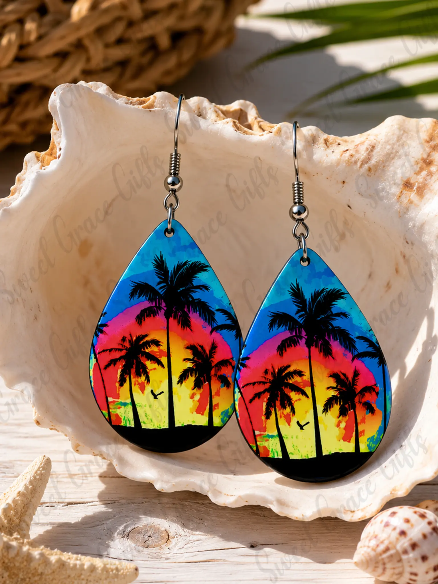 Tropical Sunset Palm Tree Earrings | Beach Teardrop Dangle Earrings | Summer Vacation Jewelry | Colorful Boho Earrings