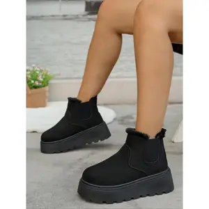 Women'sWomen's Fashionable Camel Suede Chelsea Snow Boots, Faux Fur - Lined Warmth, Elastic Goring Slip - on Design, Chunky Platform Sole for Comfort, Anti - Slip Winter Footwear, Female All - Match Ankle Boots, Girl, Daily & Outdoor Wear Shoes