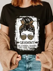 Women's Funny Grammy Graphic T-Shirt, Casual Short Sleeve Cotton Tee with "Awesome Grandma" Slogan, Everyday Lady Top