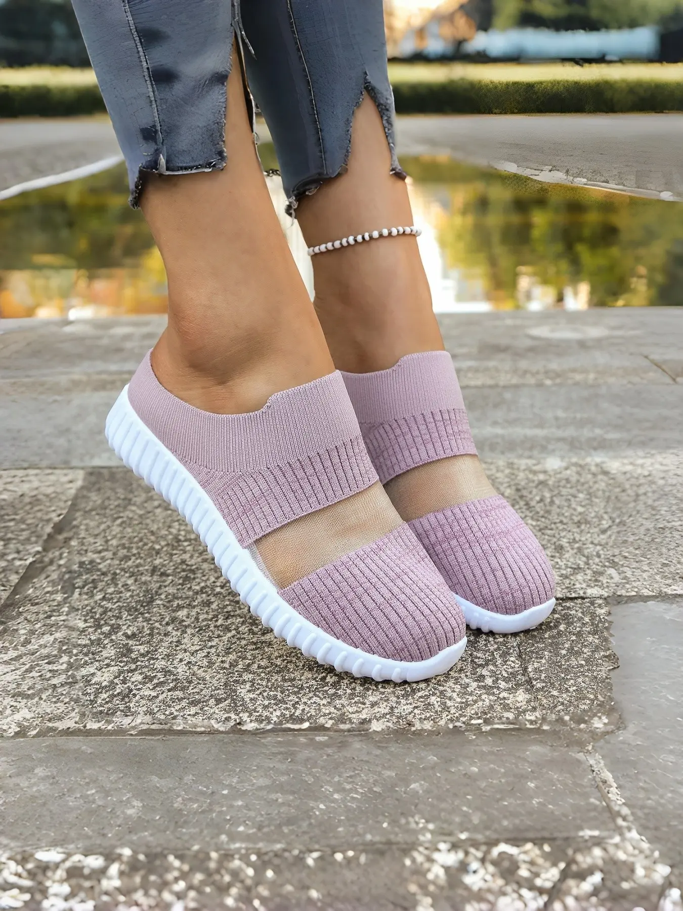 Women's Flyknit Half Slip-On Style Breathable Mesh Casual Active Shoes, Soft Sole Comfort Lazy Shoes, Outdoor Wear, Fashion Sneakers, Walking Shoes, Stylish