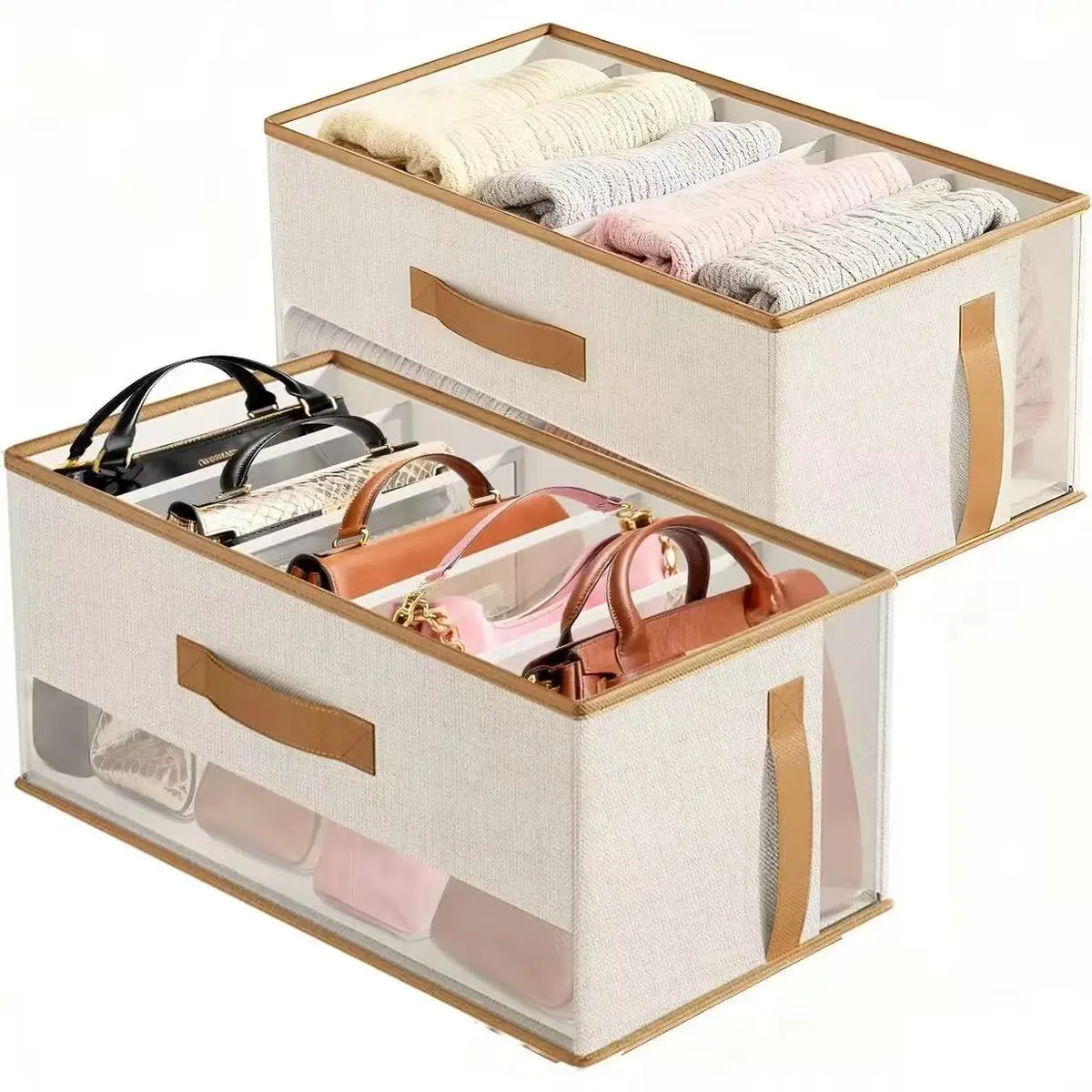 Foldable Oxford Fabric Storage Box, Multi-Compartment Closet Organizer with Clear Transparent Window, Sturdy Breathable Fabric Folding Storage Bins for Wardrobe, Bedroom, Home Space Saving Organization