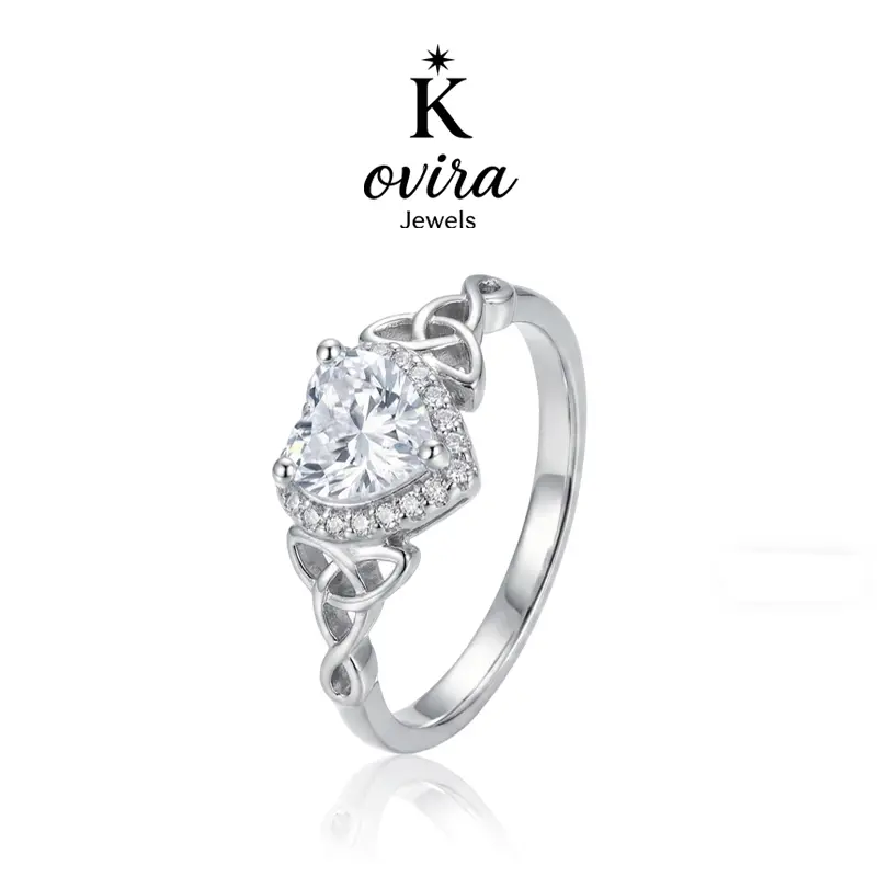 Kovira Women's S925 Sterling Silver Romantic Casual Halo Ring - 5A Grade Clear Zircon, Celtic Knot Heart Design, Diamond Alternative Promise Ring for Everyday Wear