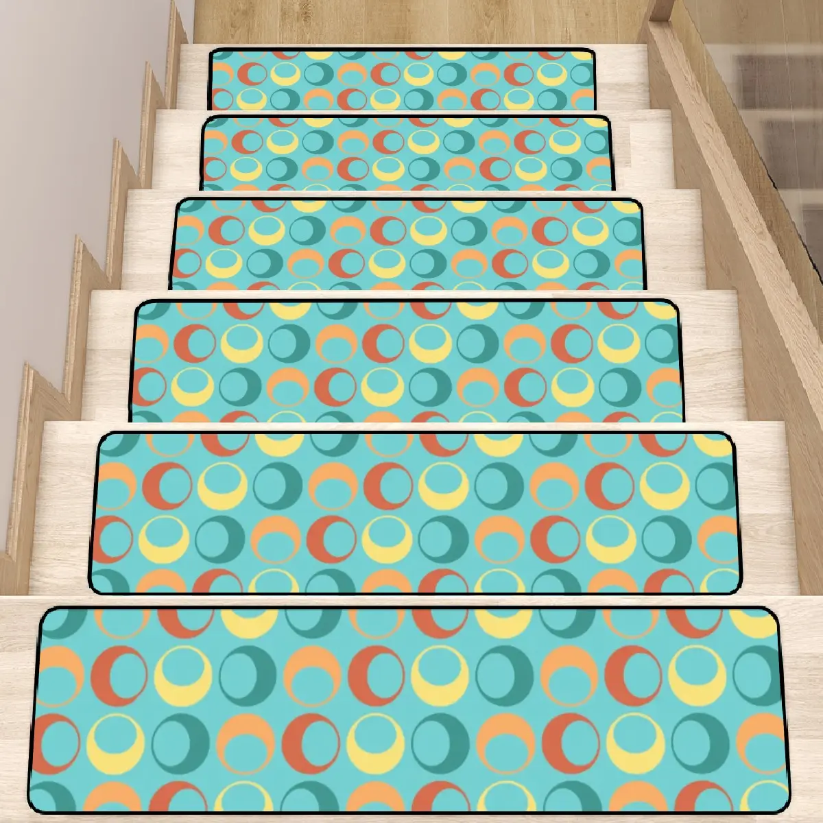 Mid Century Modern Aqua Retro Circles Mod Non Slip Carpet for Stairs Treads