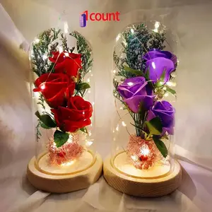 Artificial Rose with Transparent Glass Storage Box & LED Light, Artificial Rose Bouquet, 1 Count Decorative Flower Plants for Home & Party, Decorative Flowers Ornaments DIY Accessories