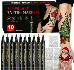 Temporary Tattoo Markers for Skin, 10 Body Markers+5 Large Tattoo Stencils,Flexible Brush Tip,Bright colors,Skin-Safe, Face Paint Kit Cosmetic-Grade, Washable Tattoo Pen Kit Lines | Cosmetic-Grade,Flexible,Skin-Safe Face Paint Kit for Kids Teenage Adults