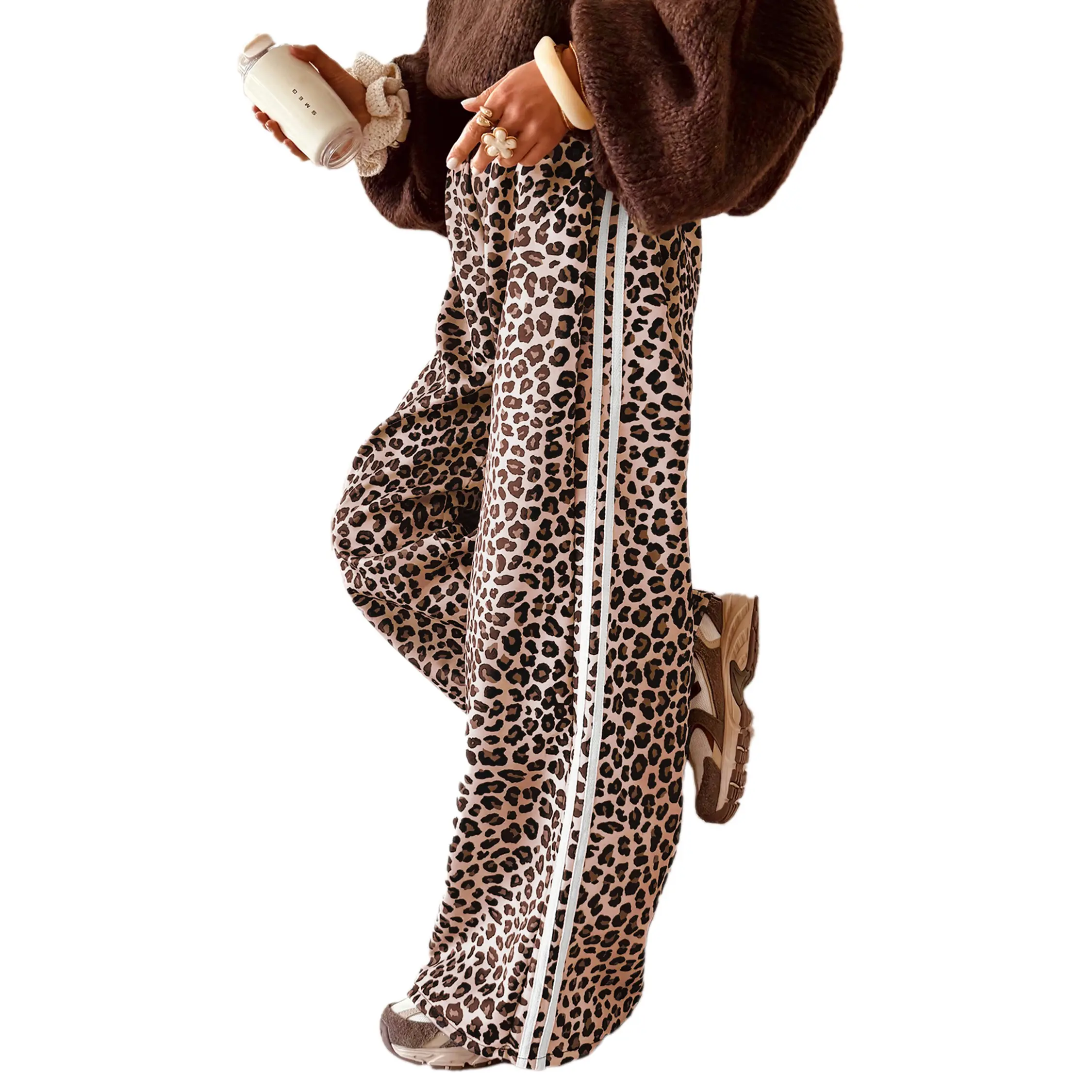 Mntaor Women's Beige Leopard Print Wide-Leg Baggy Pants - Womenswear Bottom, Elastic Waist, White Side Stripes, Ideal for Coffee Runs, Casual Weekend Errands