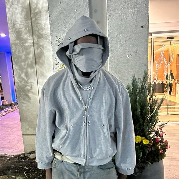 Iced out pearl Hoodie - Gray, Long Sleeve, Hooded, Casual Style, Medium Length, Suitable for Fall and Winter