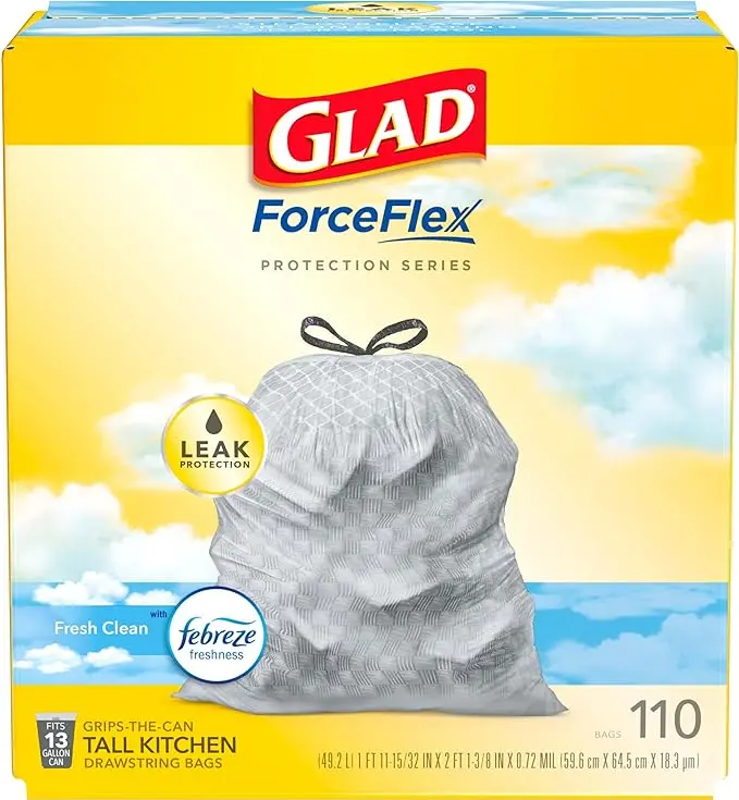 Trash Bags, ForceFlex Tall Kitchen Drawstring Garbage Bags, 13 Gal, Fresh Clean Scent with Febreze, 110 Ct