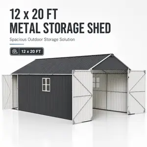 12x20 FT Heavy Duty Metal Garage Shed Outdoor Storage Building All Weather Waterproof Steel Carport Canopy with Double Doors and Windows for Car Truck Motorcycle Lawnmower Parking Dark Gray Backyard Utility Structure