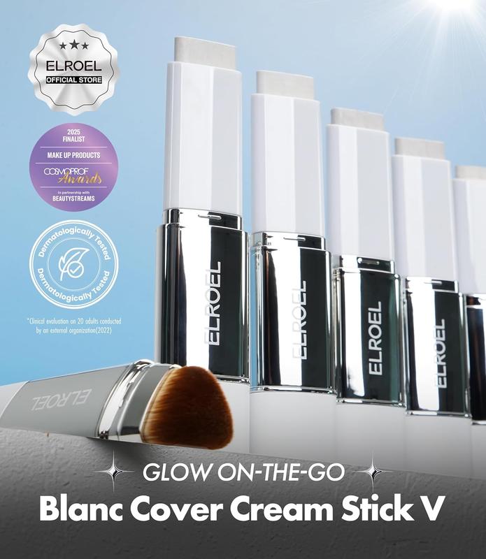 [OFFICIAL ELROEL PRODUCT] ELROEL BLANC Cover Cream Stick V w/ Detachable Brush - Korean Skin Care Color-Changing Foundation Stick with Collagen Capsules (0.45 oz)