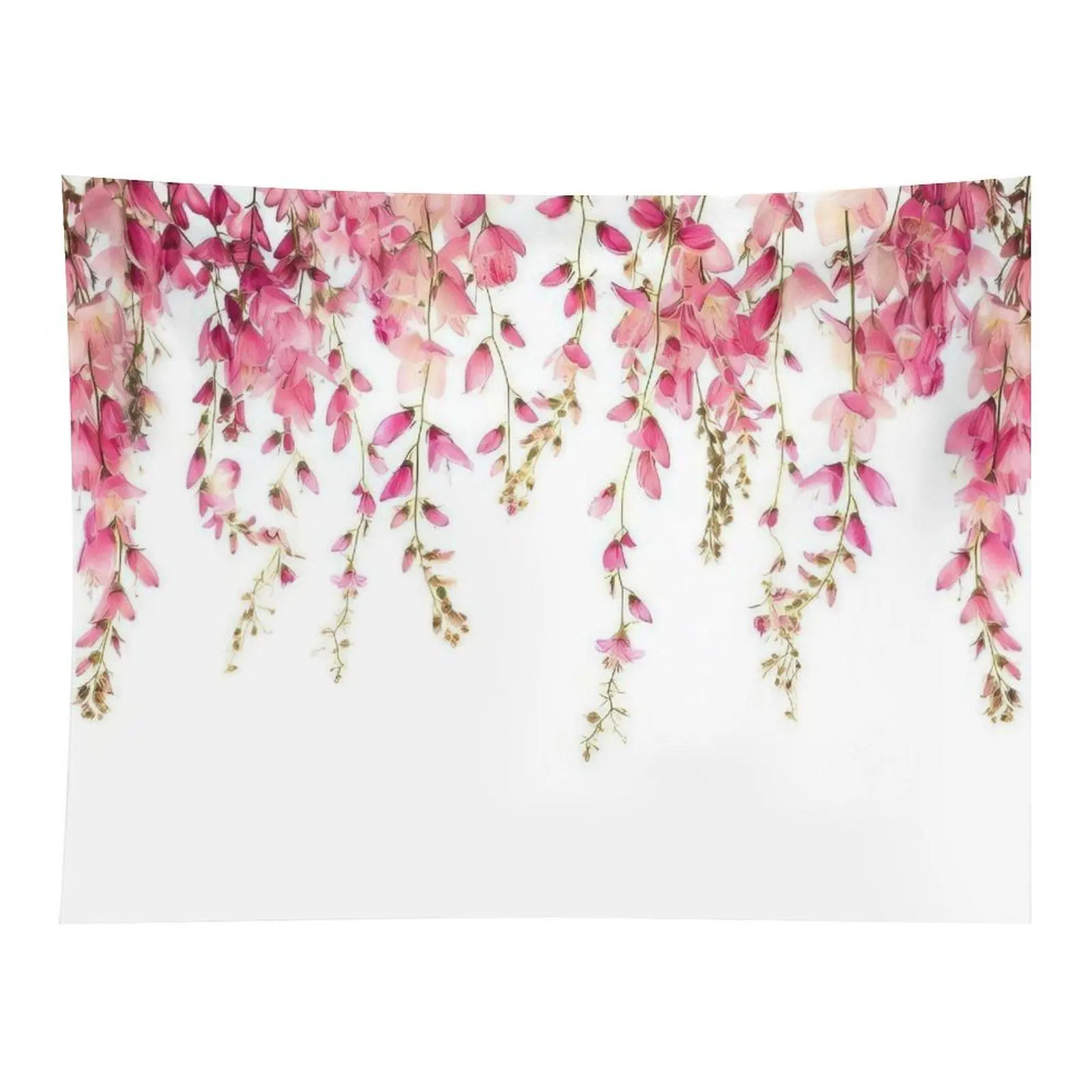 Pink Cascading Wisteria Faux Vine Garland Tapestry - Watercolor Print Wall Decor, Elegant Minimalist White Background Botanical Home Decoration, Faux Vine Garland Tapestries
