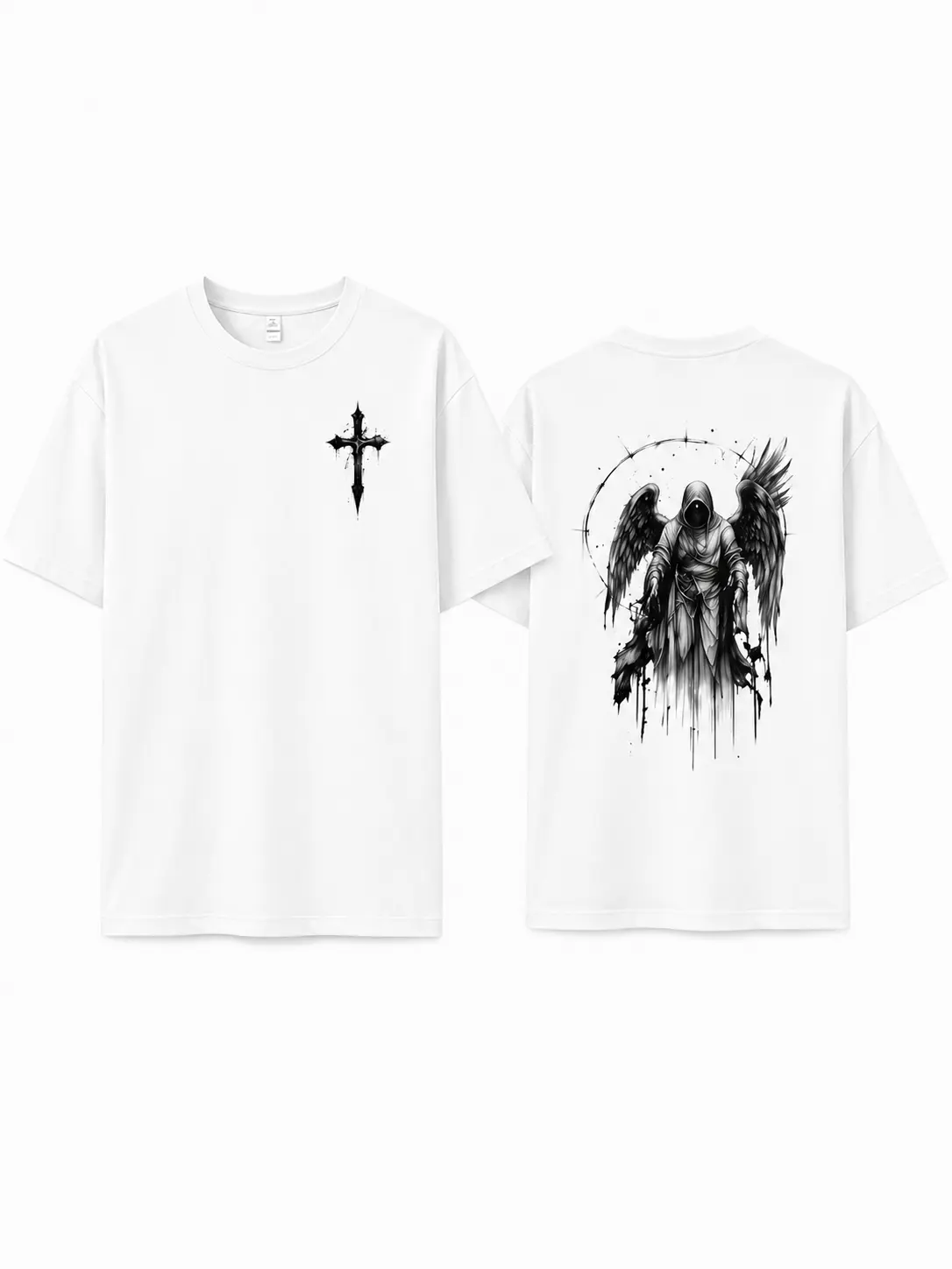 Monochrome Gothic Faceless Angel Oversized Short-Sleeved T-shirt with mini chest cross and large back winged print. Unisex daily wardrobe staple for campus, city strolls and casual home outings. vintage shirts