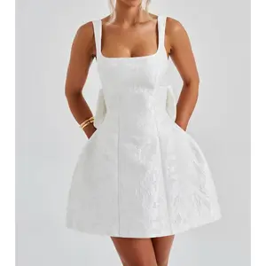 French Style Coquette Bow Back Jacquard Slip Dress Fluffy Tulle Mini Dress
