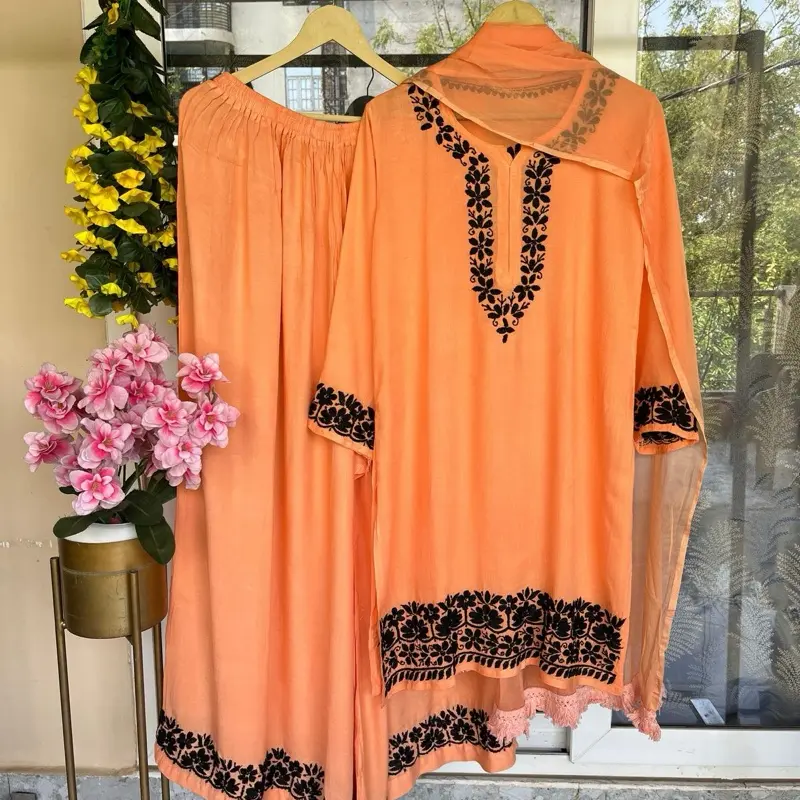 Pure Lucknowi Super Intricate Handwork Chikankari 3 pieces Work - Full Flairy Sharara & Shiffon Dupatta Set, Premium Rayon Fabric, Casual Wear
