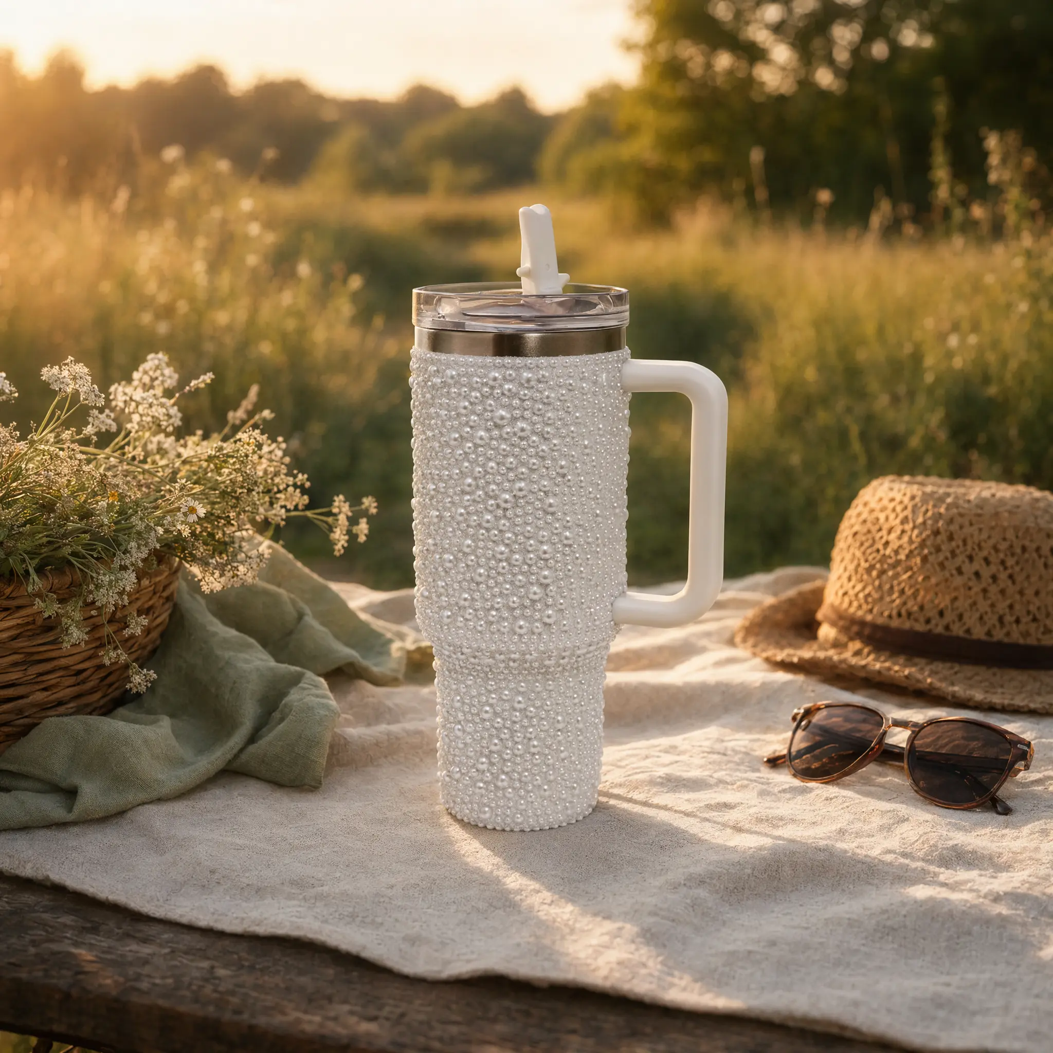 Women’s Luminous 40oz Rhinestone Insulated Stainless Steel Tumbler with Silicone Handle, Straw, Lid - Portable Lightweight Sweat-Free Car Travel Mug, 24H Cold-8H Heat Retention, Ideal for Beach Use