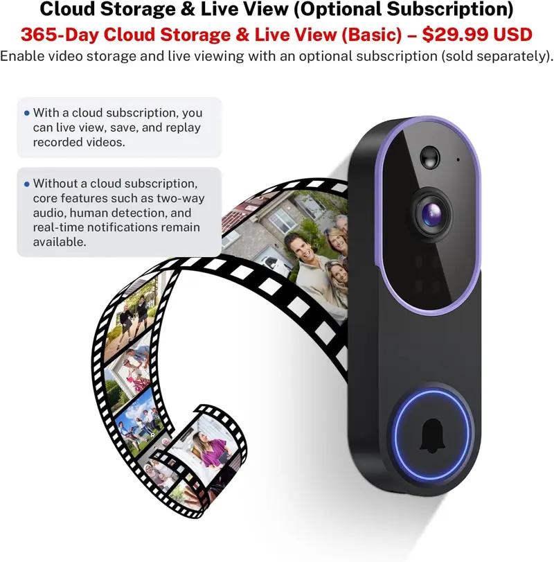1080P Smart Video Doorbell Camera, Wireless 2.4GHz WiFi Doorbell with AI Human Detection, Night Vision, 2-Way Audio, Wide-Angle Lens, App Control, Cloud Storage, Home Security Camera