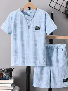 Two-piece Set Boy's Letter Patched Short Sleeve Tee & Shorts, Casual Round Neck T-shirt & Elastic Waist Shorts, Summer Clothes for Kids Toddler, Toddler Outfit